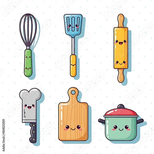Cute cartoon kitchen utensils with smiling faces