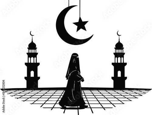 Minimalist silhouette vector low angle woman wearing abaya standing between two mosque minarets under crescent star above tiled courtyard high contrast black and white centered composition