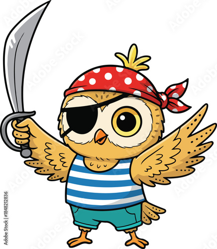 Cute cartoon owl character with eye patch, red bandana, striped shirt, holding a cutlass, depicting a friendly pirate ready for adventure.