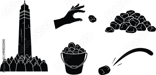 Flat icon set illustrating stoning ritual at pilgrimage site with silhouetted pillar and crowd hand throwing stone bucket of stones motion arc diagram minimalist monochrome icons