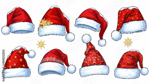 Collection of festive Christmas Santa hats with decorative patterns and stars