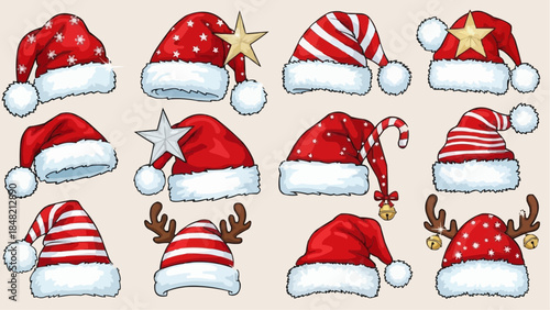 Vibrant Christmas Santa hats in various festive designs and colors