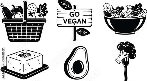 Line art icon set close up collection of vegan food icons with basket go vegan sign salad bowl tofu avocado broccoli on fork monochrome vector illustration