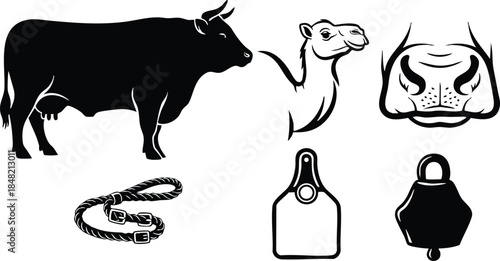 Silhouette icon set close up of cattle camel and farm tag rope bell in minimal vector layout with bold black shapes and flat style graphic symbols