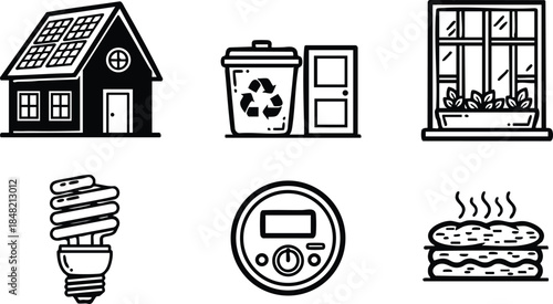 Line art black outline eco icon set showing house with solar roof recycling bin and door window planter energy saving bulb thermostat and hot sandwich illustration