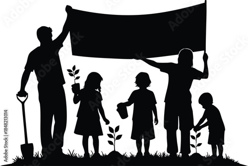 Silhouette vector family holding blank banner while planting seedlings in community garden side view two adults three children shovel watering can hopeful scene low angle backlit