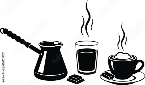 Silhouette vector close up turkish coffee cezve pouring into cup with steam glass of water and chocolate on saucer high contrast isometric black and white minimal