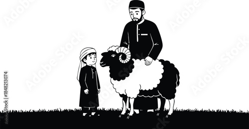 Silhouette vector close up ram with curled horns standing between bearded man and child on grassy ground looking at camera high contrast black and white pastoral