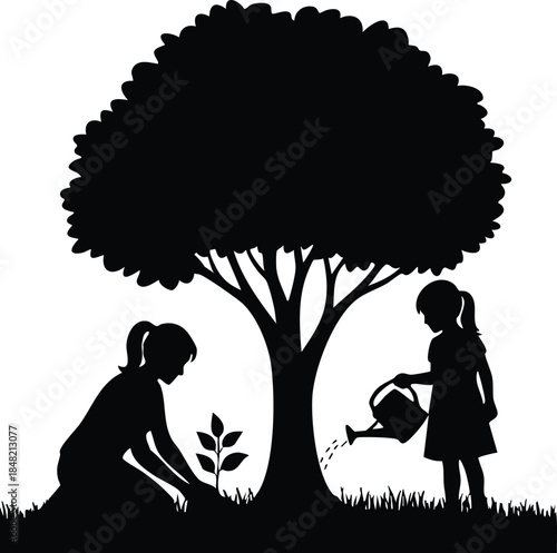 Silhouette vector scene close up of woman kneeling planting a seedling while child pours water with watering can under a large tree side profile monochrome composition