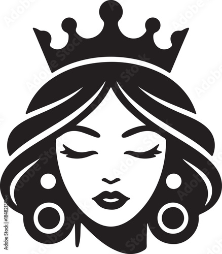 Elegant queen or princess wearing a majestic crown, stylized black and white vector illustration for beauty and royal themes design.