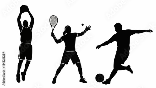 Dynamic sports silhouettes of athletes playing basketball, tennis, and soccer