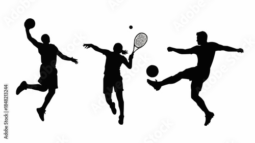 Dynamic sports silhouettes of athletes playing basketball, tennis, and soccer