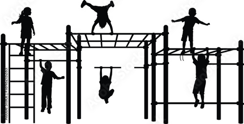 Children silhouettes playing on playground monkey bars isolated on white background representing active childhood fitness fun and outdoor play