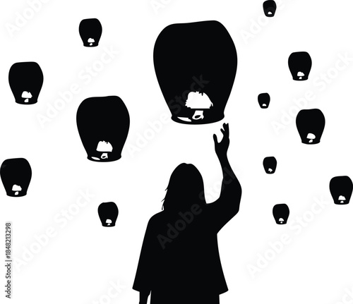 Silhouette vector low angle portrait of figure releasing multiple floating paper lanterns into night sky with hand raised looking up high contrast minimalist composition serene monochrome