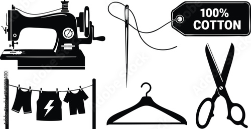 Flat design sewing icons set showing sewing machine with needle and thread cotton label scissors hanger and clothesline with garments and t shirt monochrome vector art