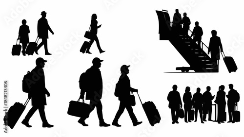 Silhouettes of travelers with luggage walking and boarding plane