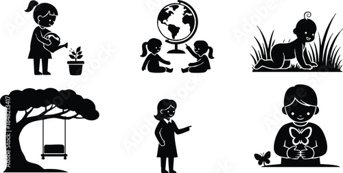 Silhouette vector icons children planting and caring for seedling looking at plant kids learning around globe baby crawling in grass child on tree swing flat design