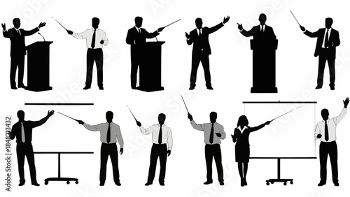 Business professionals presenting with gestures in office settings