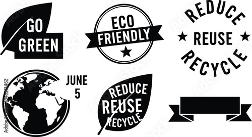 Flat design eco badges set showing globe leaf reduce reuse recycle stamps and go green symbols plus world environment day june five ribbon banner icons silhouette