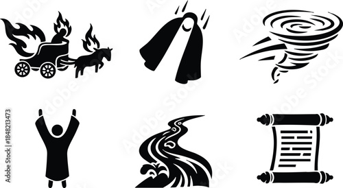 Flat icon set silhouette emergency and ritual symbols burning carriage two tags tornado cheering raised arms winding river ancient scroll isolated black vector art minimalist glyph