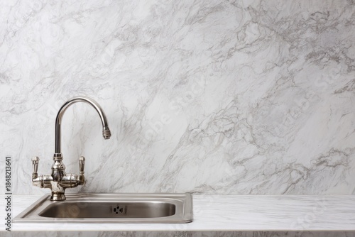 Traditional metal faucet mounted above a stainless steel sink against a white marble surface and backdrop