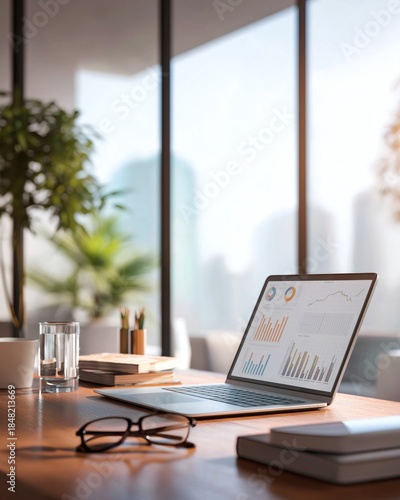 Laptop displaying business analytics charts on desk in modern office with city view. Concept of data analysis, financial reporting, performance tracking and corporate strategy.