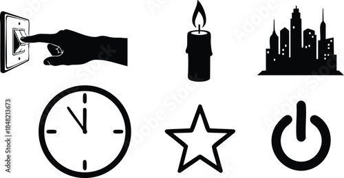 Flat design icon set close up black silhouettes hand flipping light switch burning candle city skyline analog clock five to twelve star outline and power button