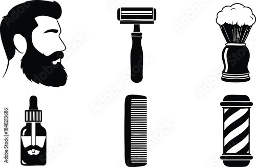 Flat design silhouette barber grooming icon set with bearded profile safety razor shaving brush beard oil comb and barber pole on white background minimal clean vector