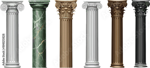 Classical architectural column set with marble stone and decorative capitals isolated on white background ancient pillars vector illustration collection