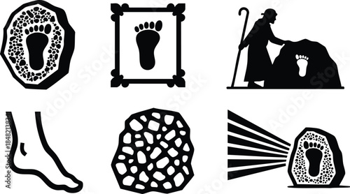 Flat design close up silhouette icon set showing fossil footprint framed baby footprint pumice stone foot outline and archaeologist examining rock with cleaning beams minimalist monochrome