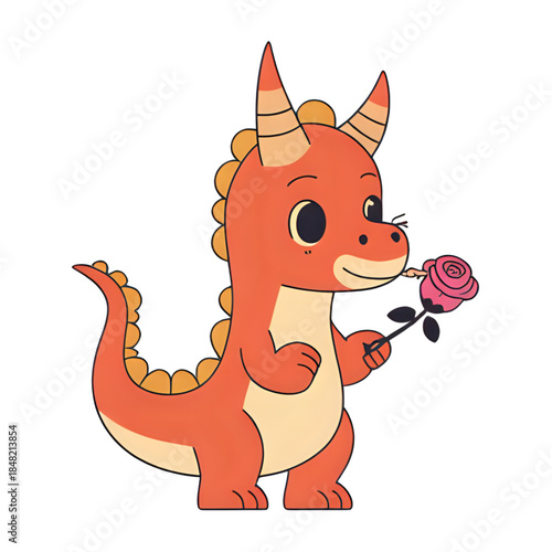 Charming Orange Dragon Tenderly Smelling a Pink Rose with a Gentle Expression