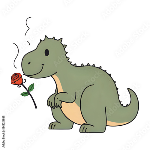 Adorable cartoon dinosaur smelling a beautiful red rose with steam rising, illustrating a tender and charming moment