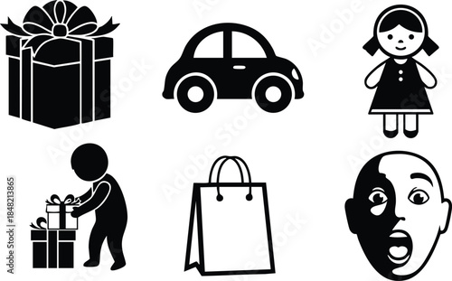 Flat icon set top row gift box car doll person giving gift shopping bag surprised face simple black silhouettes on white background vector illustration clean minimalist