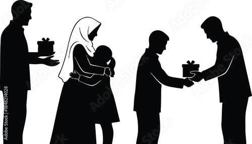 Flat silhouette vector family exchanging gifts during eid close up side view mother wearing hijab holding baby boy handing present to elder man looking at camera