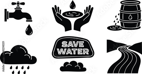 Flat silhouette vector icon set showing dripping tap hands holding droplet leaking barrel rain cloud save water badge winding road symbol minimal black on white isolated