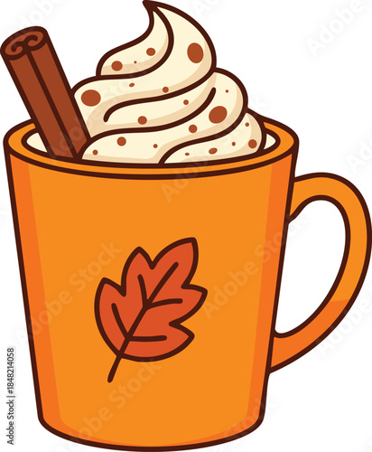 A delightful autumn beverage illustration featuring a creamy orange drink with a cinnamon stick and leaf