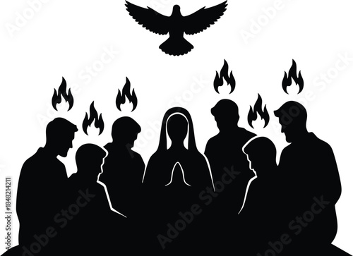 Silhouette vector showing worship group with tongues of fire above heads dove descending central praying figure flat design bold black silhouettes around table spiritual ritual scene