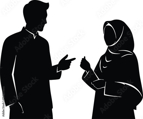 Flat silhouette close up side view two people conversing facing each other male and woman wearing headscarf pointing hands in discussion neutral mood black white minimal