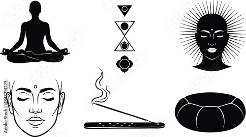 Minimalist line art flat icon set showing seated meditating silhouette woman cross legged on round cushion with incense stick and chakra symbols plus stylized sun face