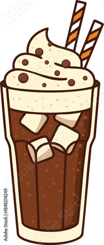 a delightful illustration of a chocolate drink with whipped cream marshmallows and pretzel sticks displayed