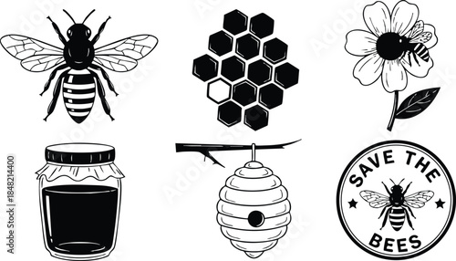 Line art close up bee and honeycomb icon set with honey jar beehive flower and save the bees badge stamp collection monochrome vintage conservation label logo