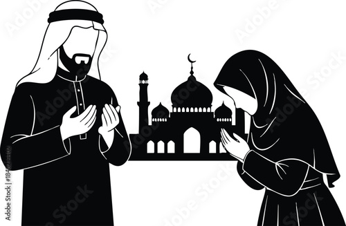 Silhouette vector view muslim man raising hands and woman bowing in prayer with mosque silhouette background wearing thobe and hijab high contrast minimal black and white