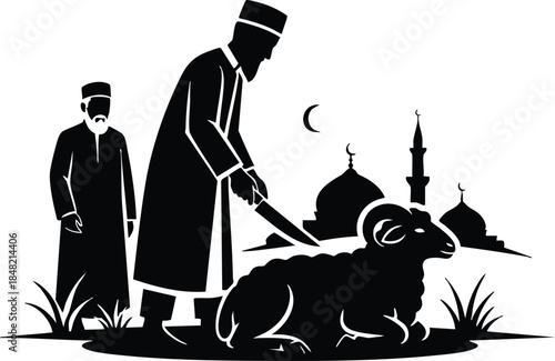 Silhouette vector scene of men performing eid al adha sheep sacrifice near mosque with crescent moon in background low angle profile view traditional respectful solemn mood