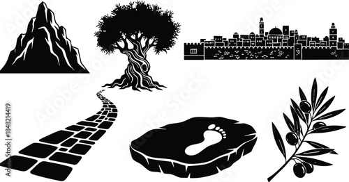 Silhouette icon set showing mountain olive tree city skyline cobblestone path leading to single footprint on weathered stone and olive branch simple black vector minimal design