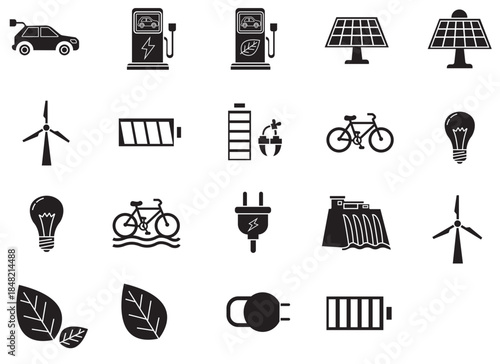 Diverse collection of renewable energy source icons promoting green technology