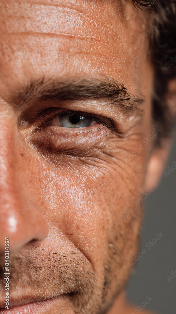 Fototapeta premium Mature male face closeup showing detailed skin texture and eye area. Realistic pores and fine lines for skincare, aging, and dermatology concepts.