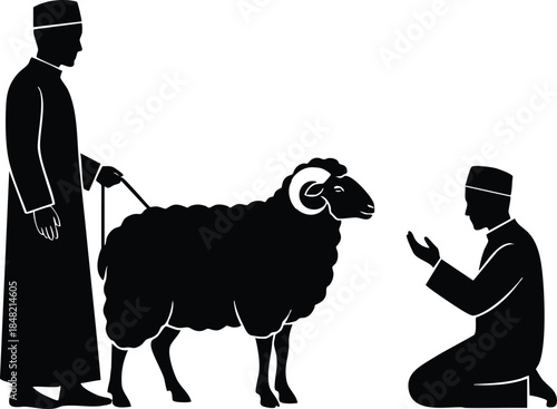 Silhouette flat design side view close up two men with ram man kneeling in prayer holding livestock for eid al adha ritual peaceful minimalist black white