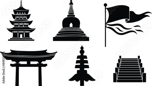 Flat design east asian temple and shrine icon set in black silhouette close up showing pagoda stupa torii flag and stepped altar steps minimalist vector illustration