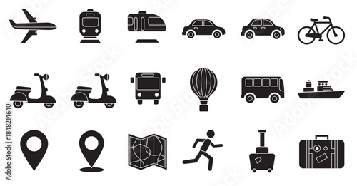 Comprehensive collection of black silhouette icons depicting various travel and transportation modes