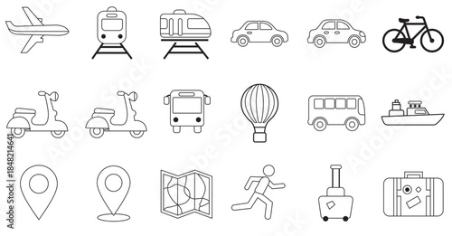 A comprehensive collection of outline icons representing various modes of transport and travel elements